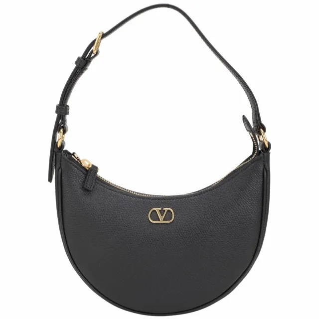 【VALENTINO 范倫鐵諾】VLOGO 迷你 粒面小牛皮半月腋下包(黑色 手提 肩背 真皮)
