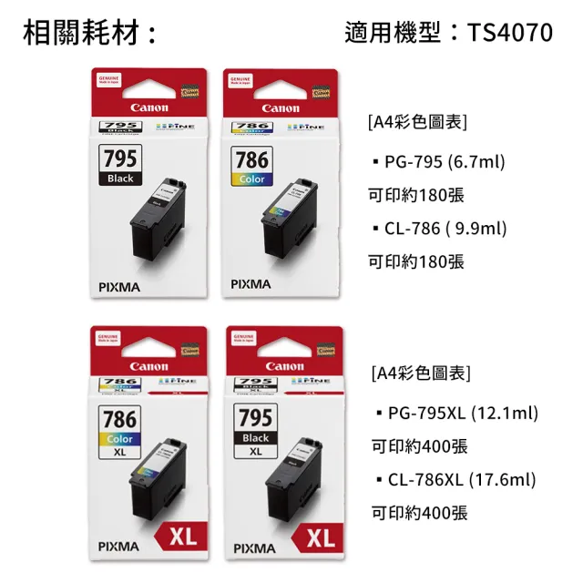 【Canon】官方直營 搭1黑標容墨水★PIXMA TS4070三合一WIFI自動雙面列印多功能印表機