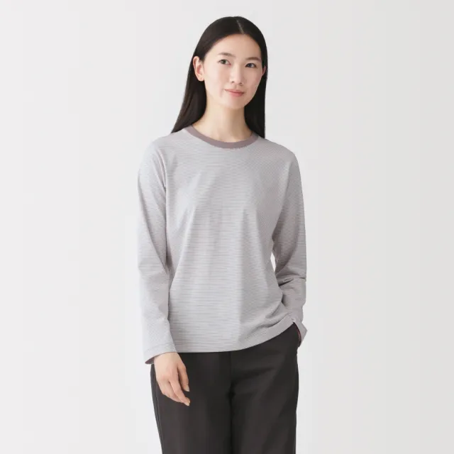 【MUJI 無印良品】女天竺圓領長袖T恤(白色/黑色/綠色/棕色/黑紋樣/磚紅紋樣/綠紋樣/灰棕紋樣)