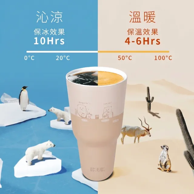 【IKUK 艾可】2入組-真陶瓷內膽保溫保冰杯-吸管杯冰壩杯900ml贈5件組配件(特惠組/保溫瓶)