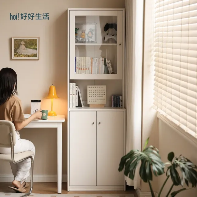 【hoi! 好好生活】特別訂購★YW百安卡奶油風橡膠木實木雙門收納櫃+右開玻璃上座0.6M Y246Y02