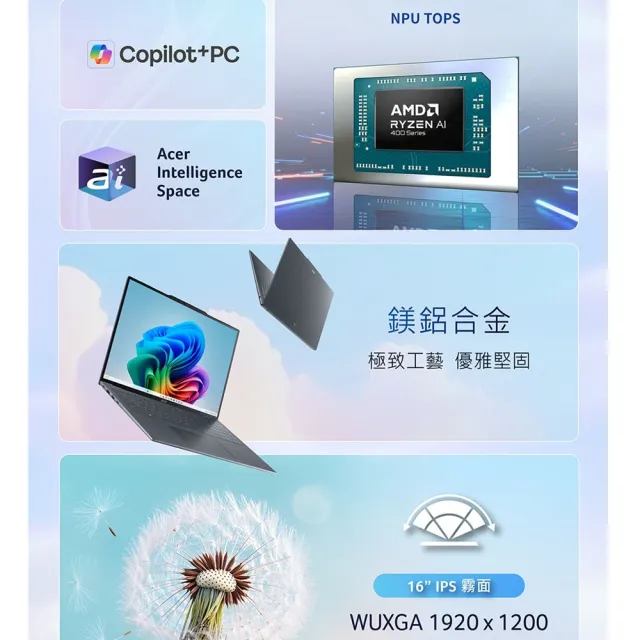 【Acer】送羅技鼠★16吋Ryzen AI 5 999g輕薄AI筆電(Swift Air/SFA16-62M-R9BQ/R5-430/16G/512G/W11)