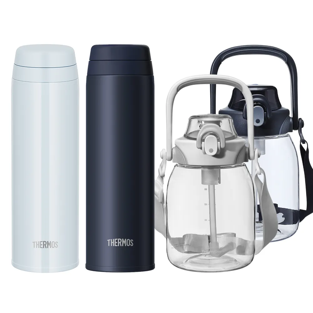 【THERMOS 膳魔師】超值2入_不鏽鋼90度輕鬆開蓋真空保溫杯500ml+吸管隨手瓶1000ml(JOR-500+TCTS-1000)