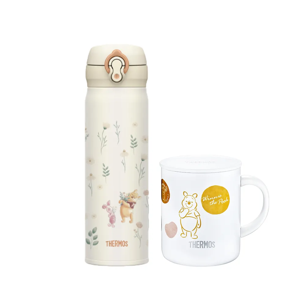 【THERMOS 膳魔師】momo獨家_小熊維尼花園篇輕量彈蓋保溫瓶500ml+不鏽鋼真空杯350ml(JNL-502WP+JDG-350WP)