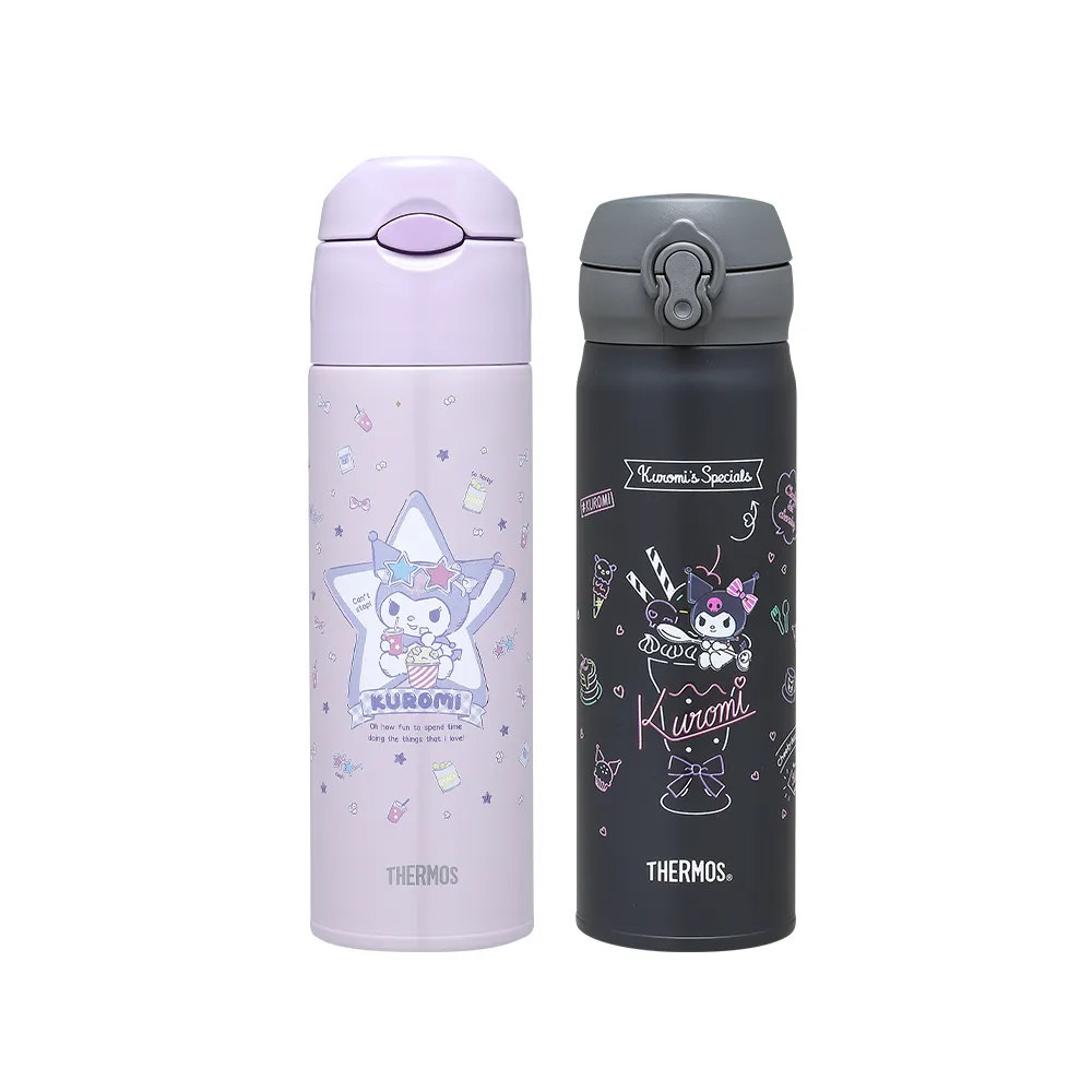 【THERMOS 膳魔師】酷洛米不鏽鋼吸管真空保冷瓶550ml+輕量彈蓋保溫瓶500ml(FHL-551KU+JNL-504KU)