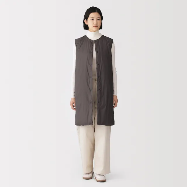 【MUJI 無印良品】女輕量羽絨可攜式無領長版背心(灰白/墨灰/黑色)