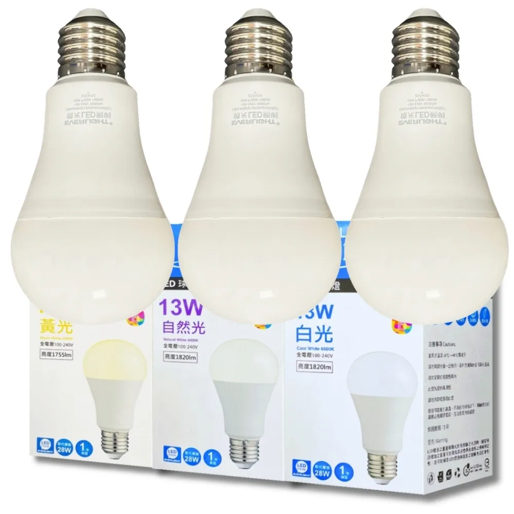 【Everlight 億光】10入 2026最新款 LED 13W 高光效 最新戰鬥版 全電壓 球泡燈 E27燈泡(黃光/自然光/白光)