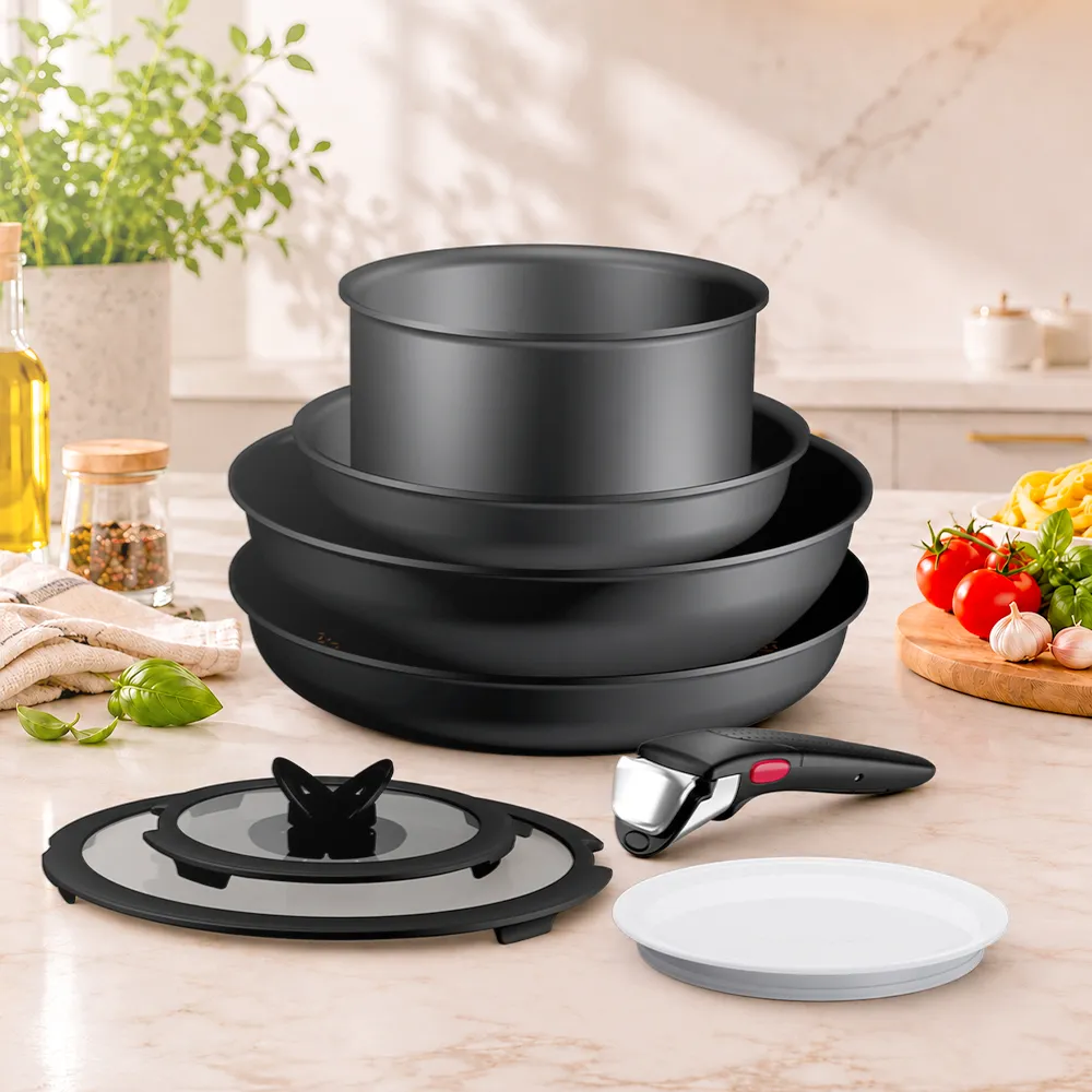 【Tefal 特福】法國製 精悍巧變精靈系列不沾鍋8件組-熔岩黑(適用電磁爐)