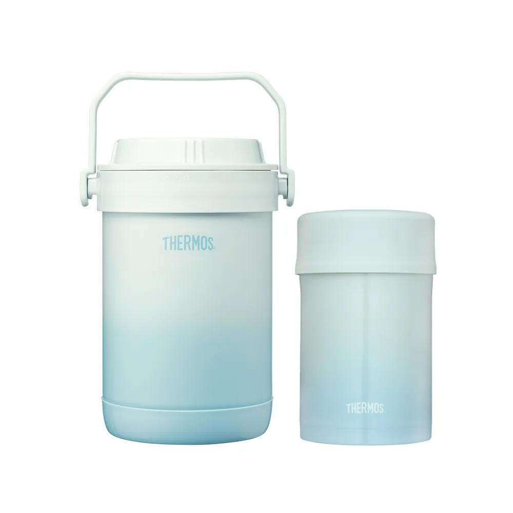 【THERMOS 膳魔師】超值2入_秘境藍不鏽鋼真空燜燒提鍋1500ml+食物燜燒罐500ml(RPF-20-GBL+JBN-500-GBL)