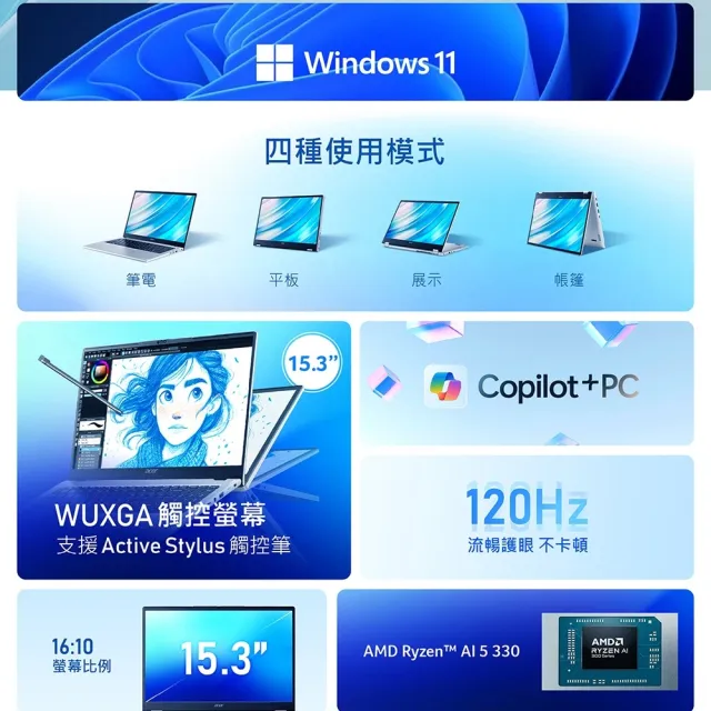 【Acer】Office 2024★15吋Ryzen AI 5 AI觸控翻轉筆電(Aspire Spin/ASP15-61N-R27Y/R5-330/16G/512G/W11)