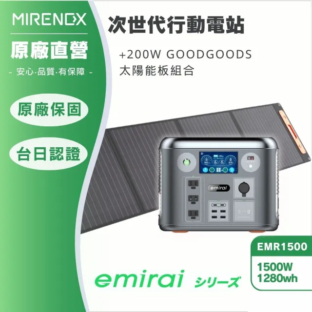 【MIRENEX】emirai 次世代行動電站1500W+200W太陽能板組-太空灰(戶外防災露營儲能電站/安全耐用磷酸鐵鋰)