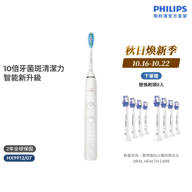 【Philips 飛利浦】HX9912/07 煥白閃耀智能鑽石音波電動牙刷-白鑽 (官方直營)