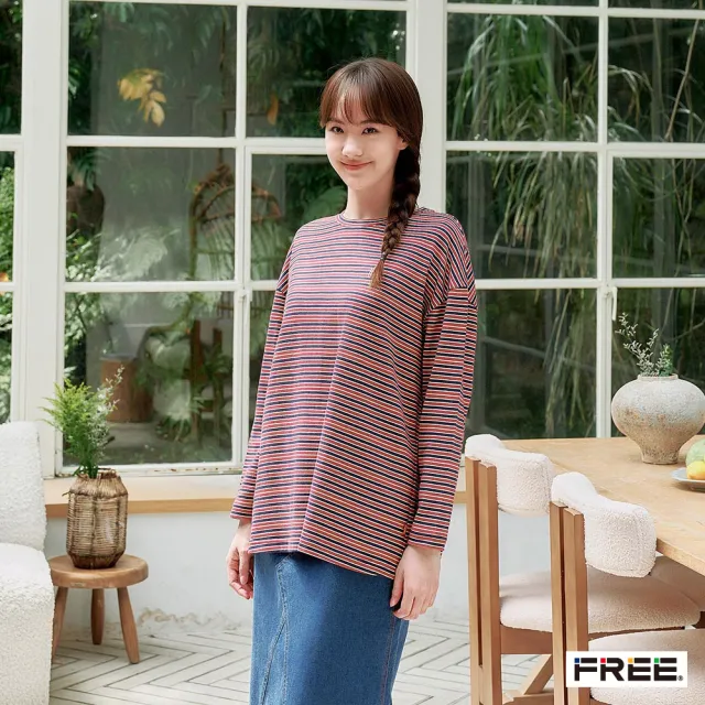 【FREE】MADE.純棉條紋圓領落肩長袖上衣(棗紅/墨綠)