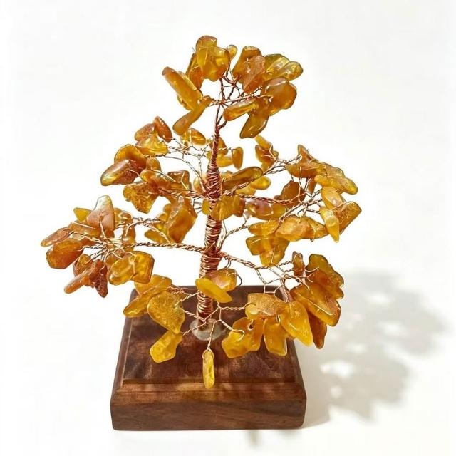 【勝弘珠寶】波羅的海金絞蜜蠟發財樹-黃花梨底座