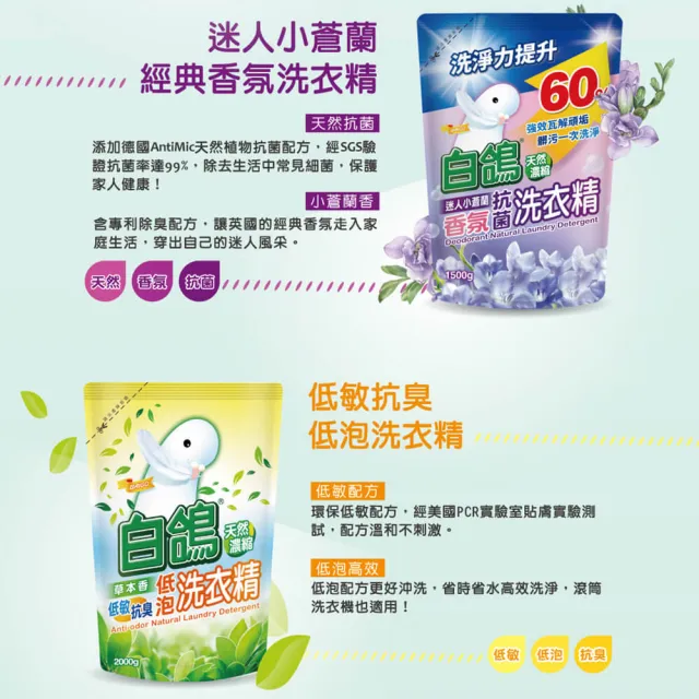【白鴿】天然抗菌洗衣精補充包x5+加量220gx4(多款任選)