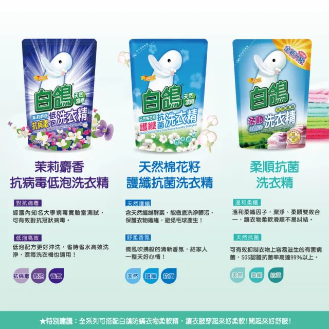 【白鴿】天然抗菌洗衣精補充包x5+加量220gx4(多款任選)
