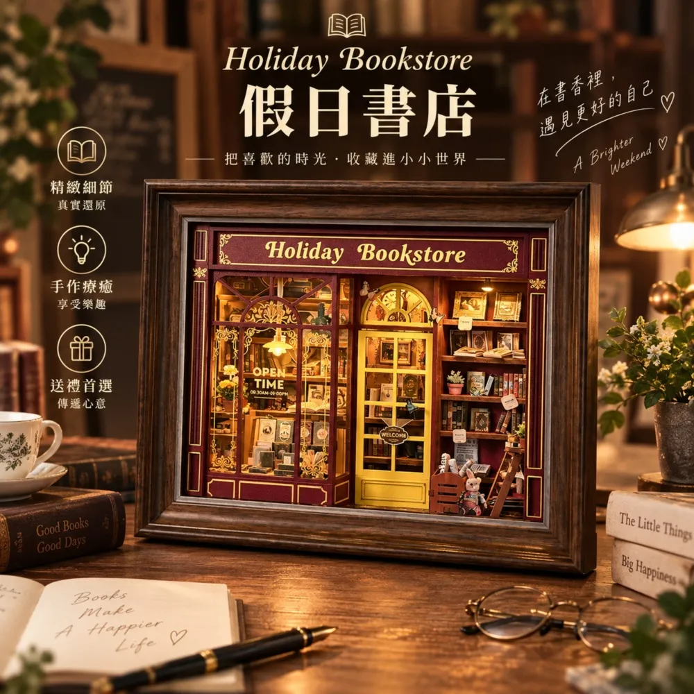 【ArtLife 藝術生活】ZR03 假日書店+防塵板+USB供電免電池 (微縮藝術精品 娃娃屋 DIY 交換禮物)