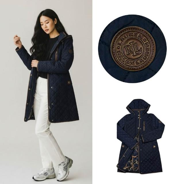 【RALPH LAUREN】貴族質感 女大衣 薄鋪棉 菱格紋 修身 長版外套 POLO 防風 立領外套 帽可拆 @2058