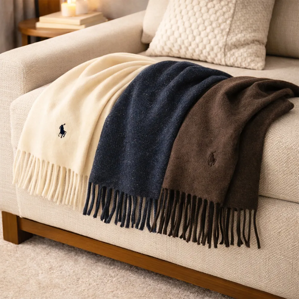 【RALPH LAUREN】POLO義大利製經典刺繡小馬多色純羊毛流蘇圍巾(任選)