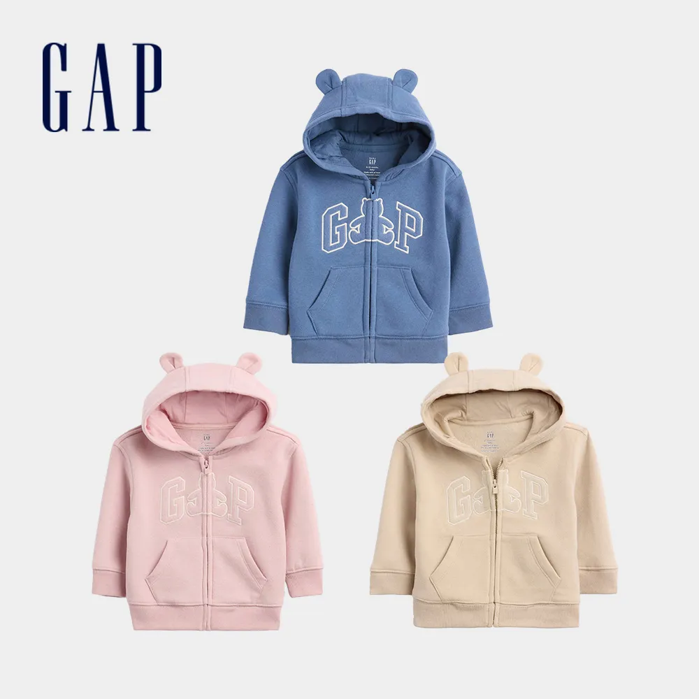 【GAP】嬰兒VintageSoft布萊納小熊Gap Logo拉鍊連帽運動衫-多色任選(910784)