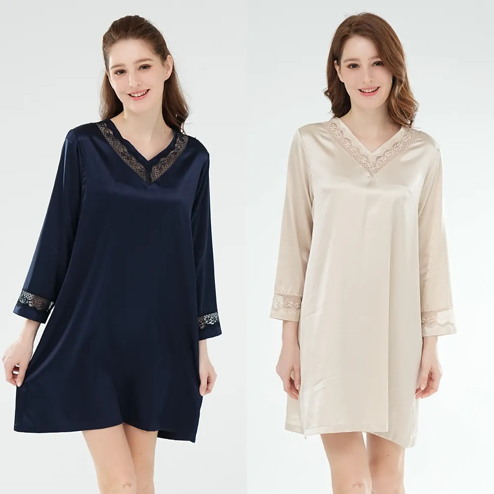 【Chlansilk 闕蘭絹】V領蕾絲拼接蠶絲睡衣洋裝