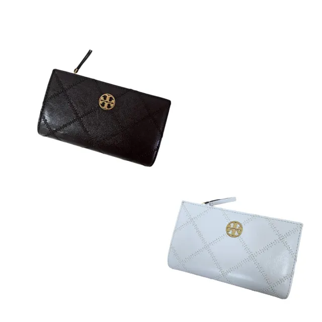【TORY BURCH】TORY BURCH TB 金色LOGO菱格紋雙層拉鍊雙釦對開中長夾 送禮 原廠紙盒紙袋