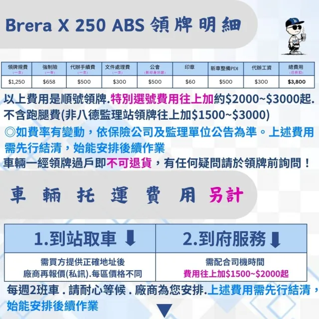 【AEON 宏佳騰】Brera X 250 ABS 25年(250CC白牌速柯達/國產車公司車/普洛吉村重機)