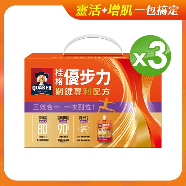 【QUAKER 桂格】優步力關鍵專利配方60gx15入x3盒(共45入/玻尿酸/分離乳清蛋白/靈活/優質蛋白質)