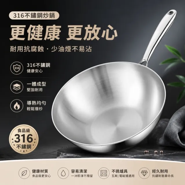 【銘利萊】炒菜鍋 316不鏽鋼炒鍋 煎鍋 加厚七層鋼 28cm煎炒鍋 無塗層無鉚釘 複合鍋 不挑爐灶