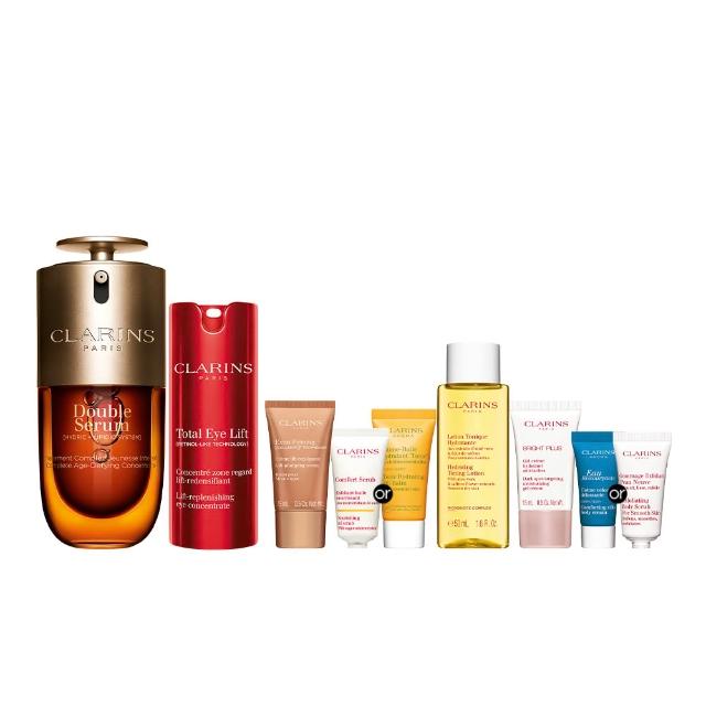【CLARINS 克蘭詩】疾速撫紋發光組(黃金雙萃精華30ml+NEW賽車眼霜15ml)