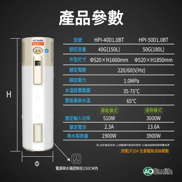 【A.O.Smith】AO史密斯 HPI-40 超節能熱泵熱水器 電子式 150L-40加侖 (超靜音 室內室外皆可安裝)