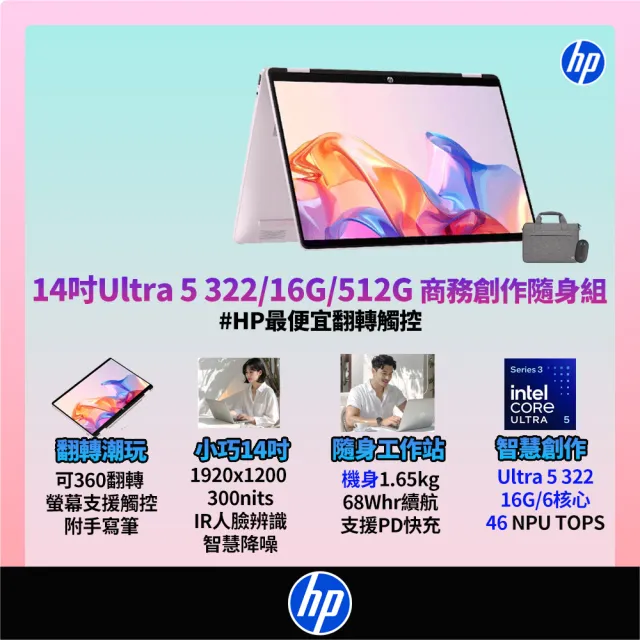 【HP 惠普】筆電包/滑鼠★14吋 Ultra 5 322翻轉觸控筆電(OmniBook 5 Flip/16G/512GB/W11/閨蜜粉)