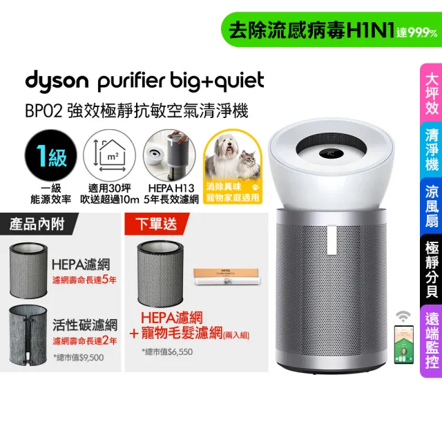 【dyson 戴森】BP02 Purifier Big+Quiet 強效極靜抗敏空氣清淨機(白色及柔霧銀 適用30坪)