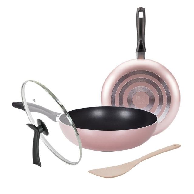 【CookPower 鍋寶】金鑽不沾鍋雙鍋四件組-30CM-玫瑰金(30CM炒鍋+30CM平底鍋+蓋+木鏟)