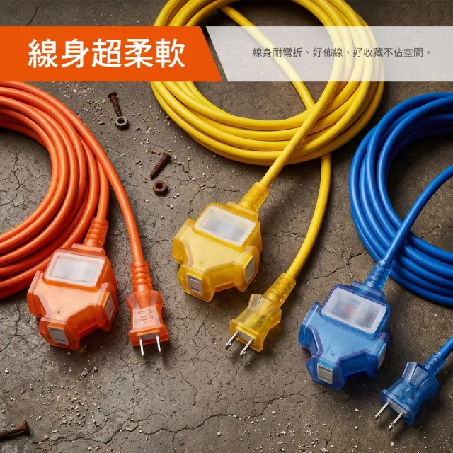 【PowerSync 群加】2P 1擴3插工業用動力延長線/黃色/5m(TU3C4050)