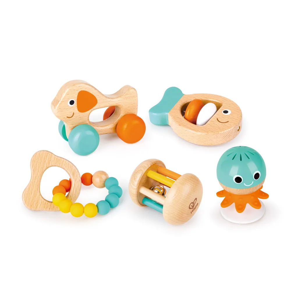【Hape】嬰幼兒安撫搖鈴五件組(聲音玩具/安撫搖鈴/木製玩具/木頭玩具)