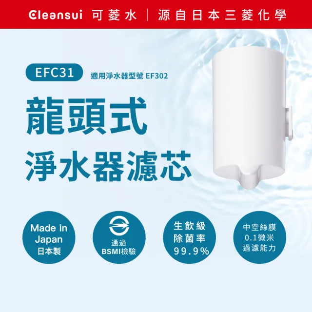 【Cleansui 可菱水】日本製-官方直營龍頭式濾水器濾芯EFC31(1顆/盒 使用期約3個月)