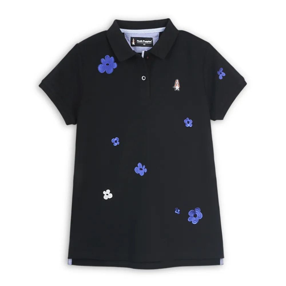 【Hush Puppies】女裝 POLO衫 配色刺繡花朵POLO衫 (黑色 / 64201102)