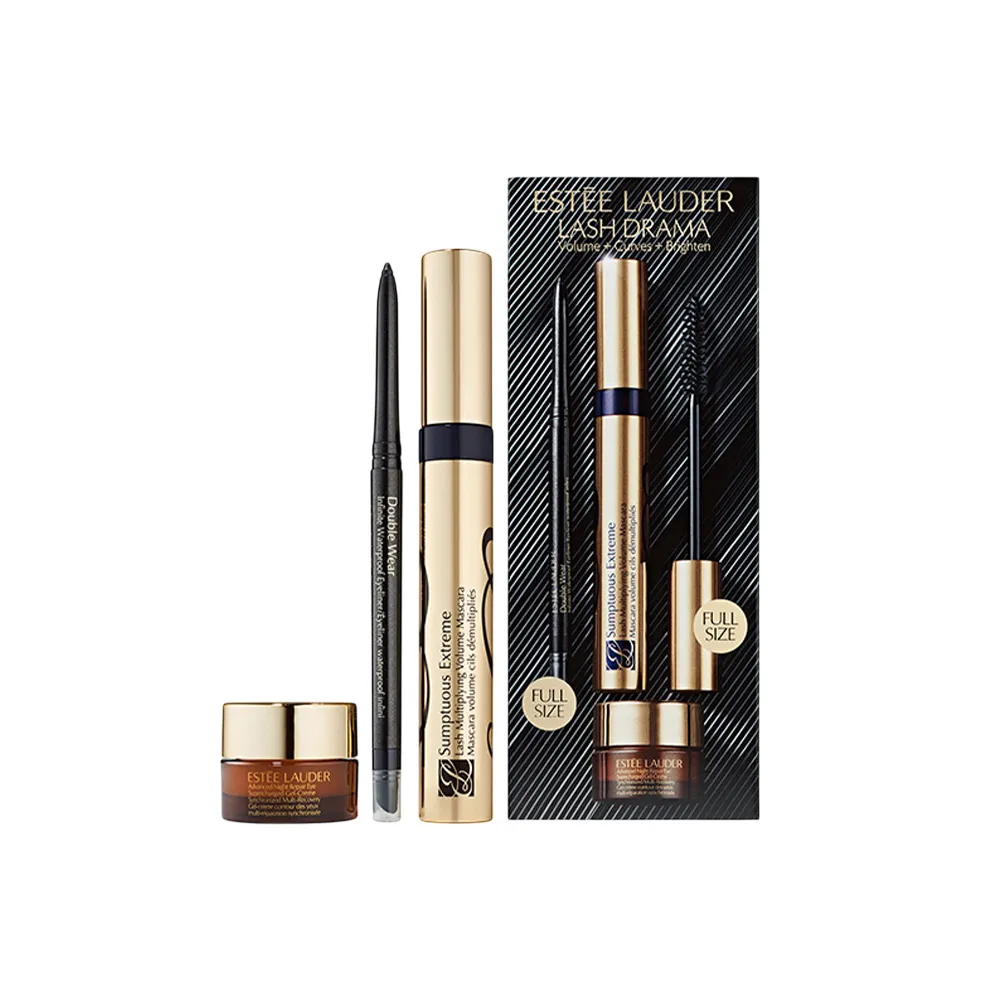 【Estee Lauder 雅詩蘭黛】極致持久亮眼組(纖長睫毛膏0.27oz+亮眼霜 5ml+超防水眼線筆#瑪瑙黑/禮盒/睫毛膏)