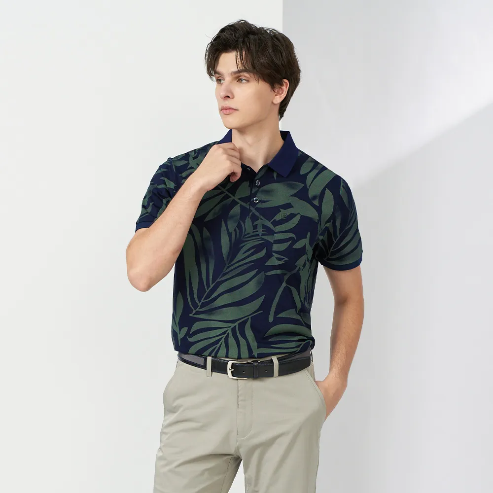 【pierre cardin 皮爾卡登】休閒服飾 男款 純絲光棉葉子印花短袖POLO衫-深藍色(5237218-38)