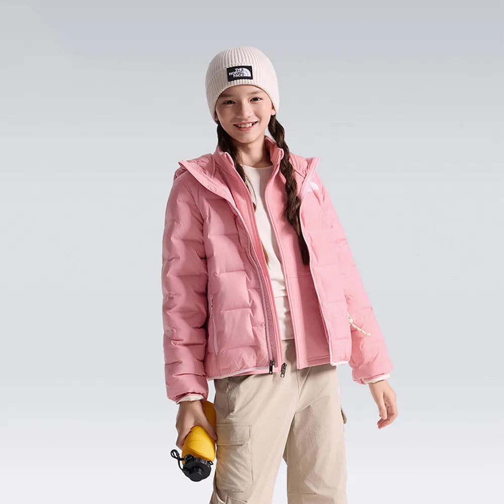 【The North Face】北面兒童粉色DWR防潑水連帽羽絨外套|8J7RNO9