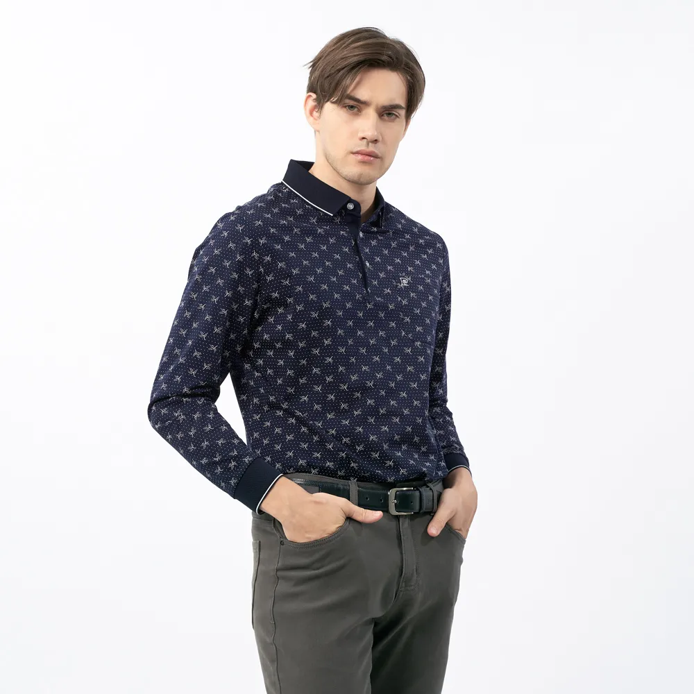 【pierre cardin 皮爾卡登】休閒服飾 男款 印花長袖POLO衫-深藍色(5235209-38)
