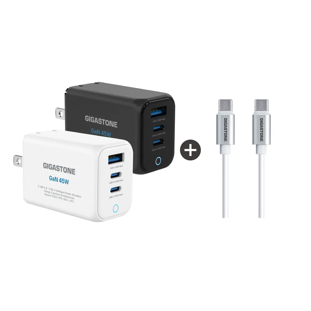 【Gigastone 立達國際】45W GaN氮化鎵USB-C三孔快充充電器Plus PD-7451+Type-C 60W充電傳輸線