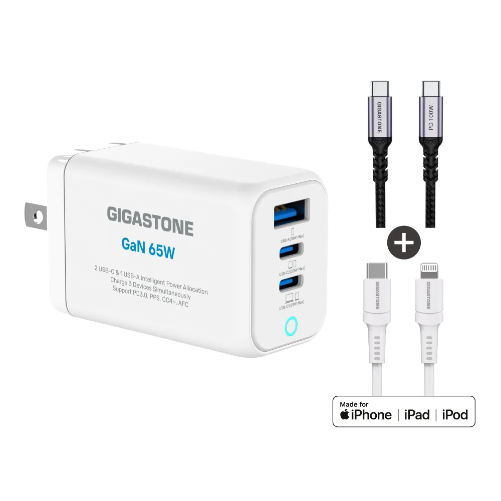 【Gigastone 立達國際】65W GaN三孔PD-7656快充組 白:附100W/30W雙線(支援iPhone17/14)