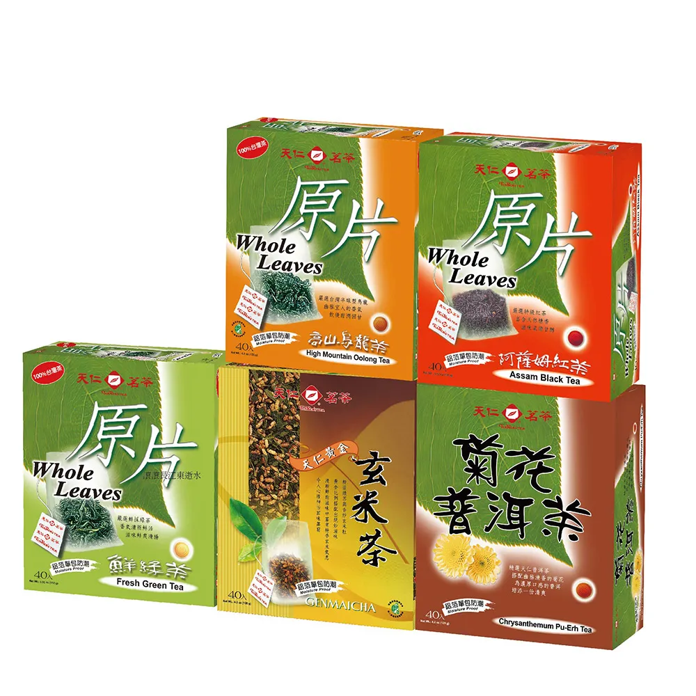 【天仁茗茶】袋茶茶包40入x5盒組(高山烏龍茶原片/鮮綠茶原片/阿薩姆紅茶原片/黃金玄米茶/菊花普洱茶)