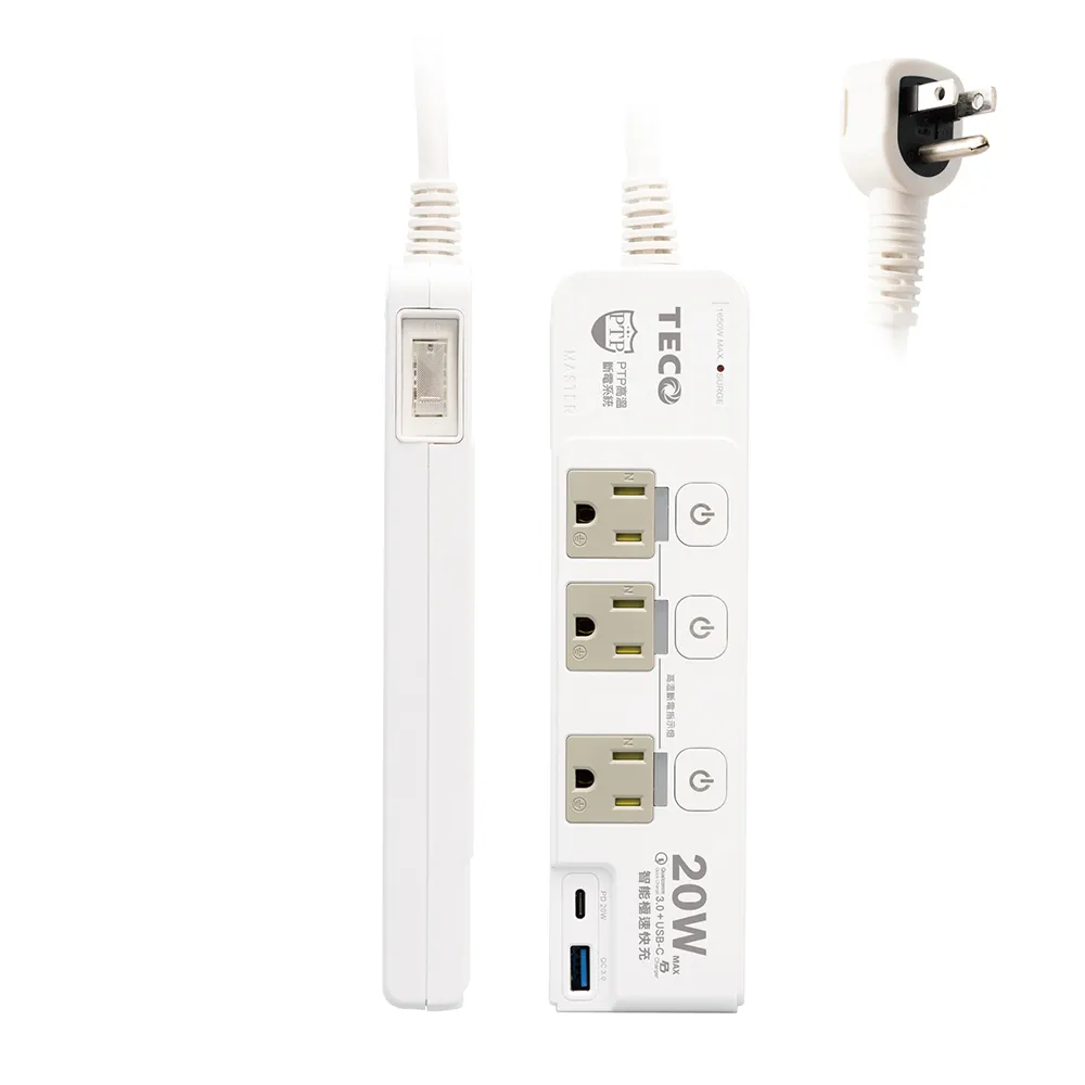 【TECO 東元】高溫斷電四開三插QC+PD雙快充延長線-6尺 XYFWL260R32
