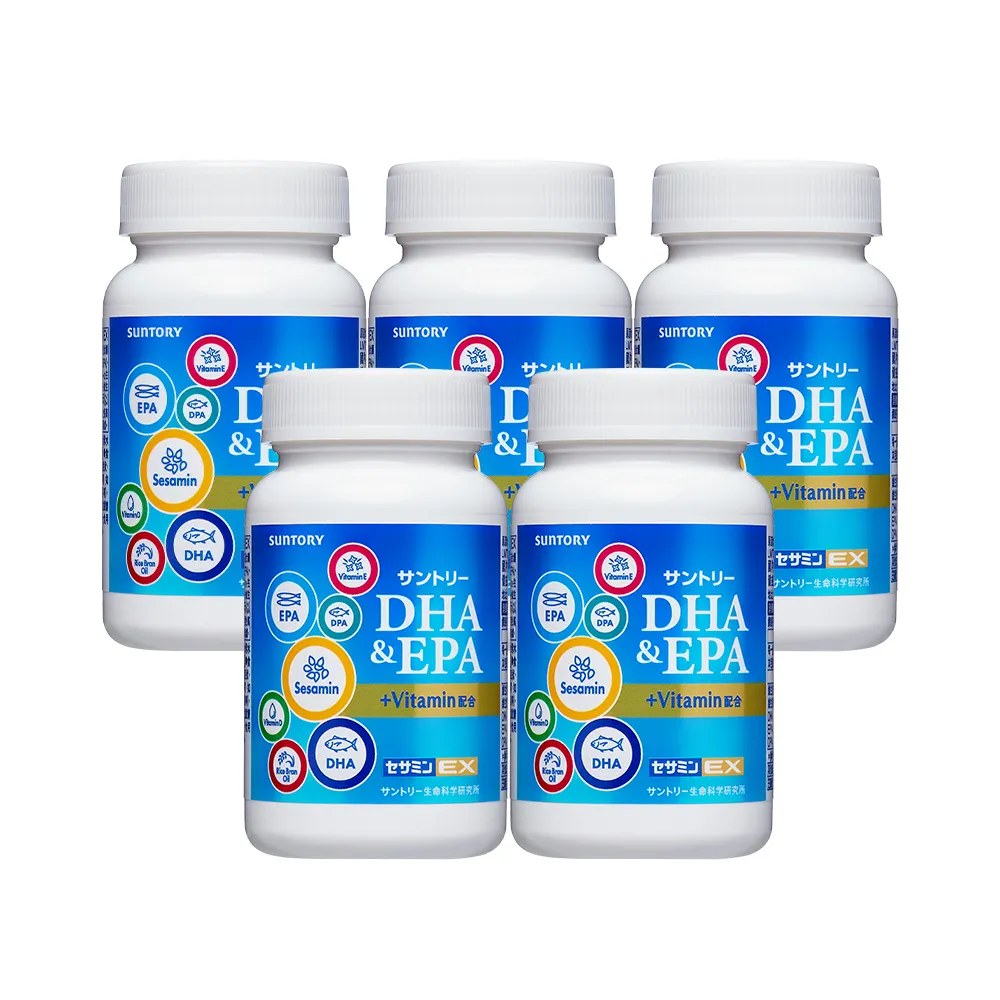 【Suntory 三得利】魚油(DHA、EPA)+芝麻明 EX 軟膠囊 120顆x5罐組