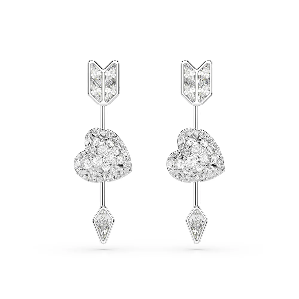 【SWAROVSKI 施華洛世奇】官方直營 Idyllia 愛心與箭頭耳環 鍍白金色 愛神系列 | 5749602