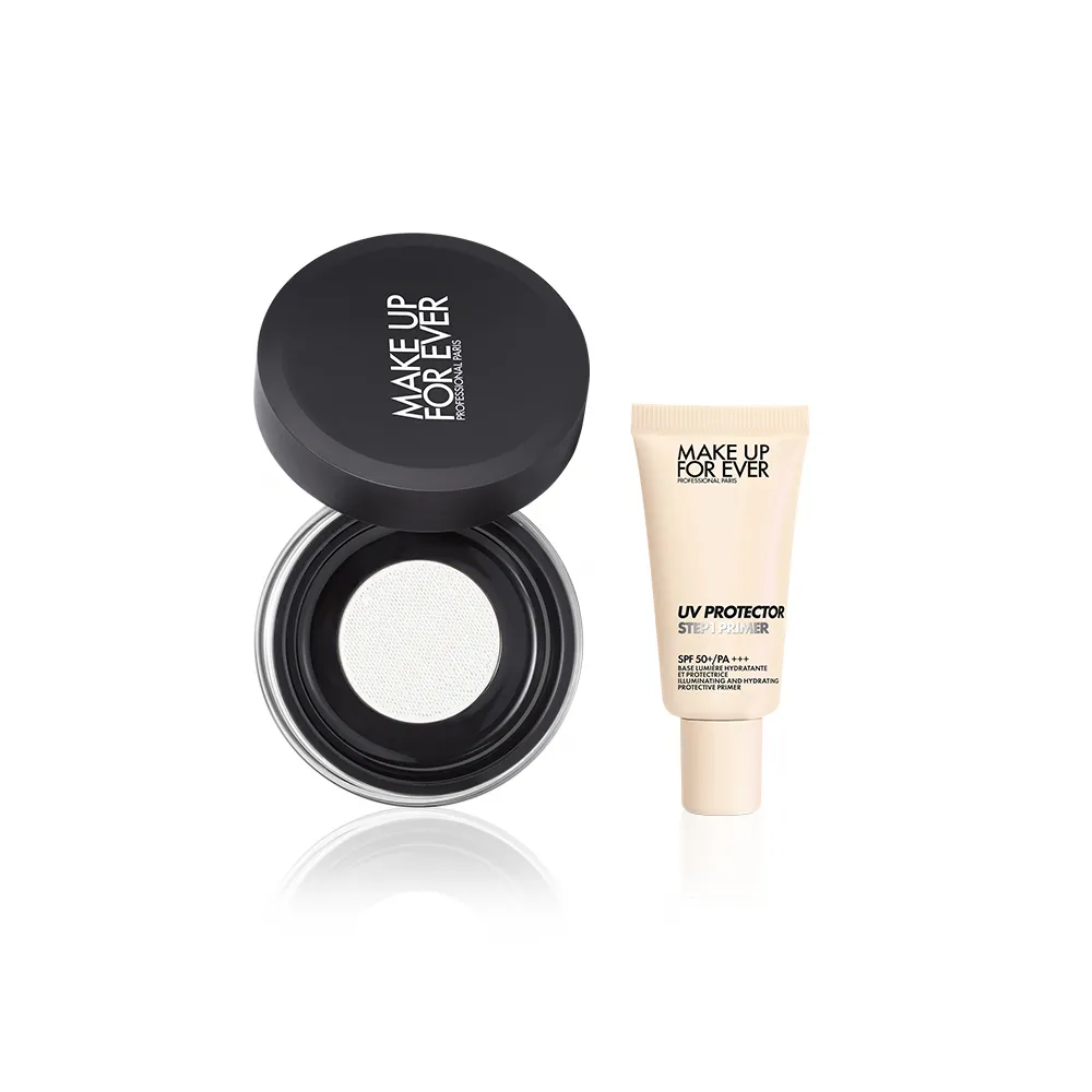 【MAKE UP FOR EVER】持久定妝雙星組(粉無痕光圈蜜粉8.5g+第一步玫瑰水感防曬乳15ml)