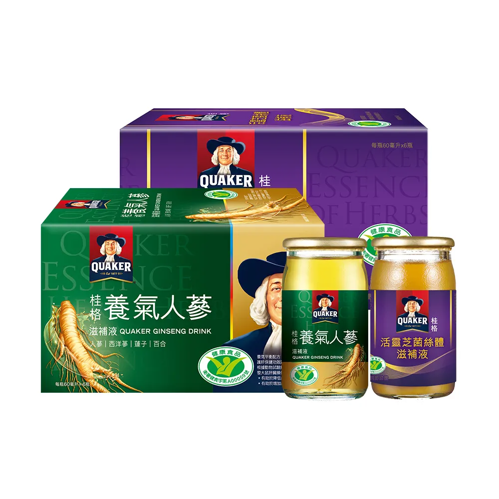 【QUAKER 桂格】養氣人蔘滋補液60ml×6入+活靈芝滋補液60ml×6入(共12入)